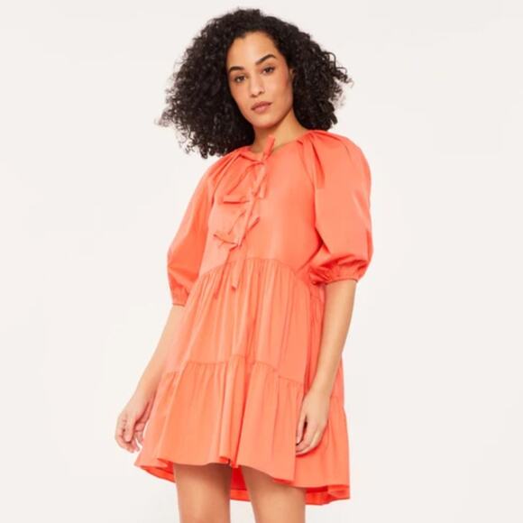 NWT CINQ A SEPT Lynn Dress Neon Coral Orange Ruffle Puff Sleeve Bow Tiered 8 - Picture 1 of 9